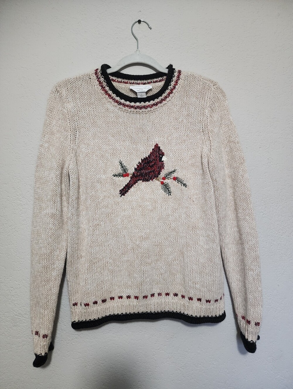 Christopher & Banks Cream Sweater with Red Cardinal and Black Trim